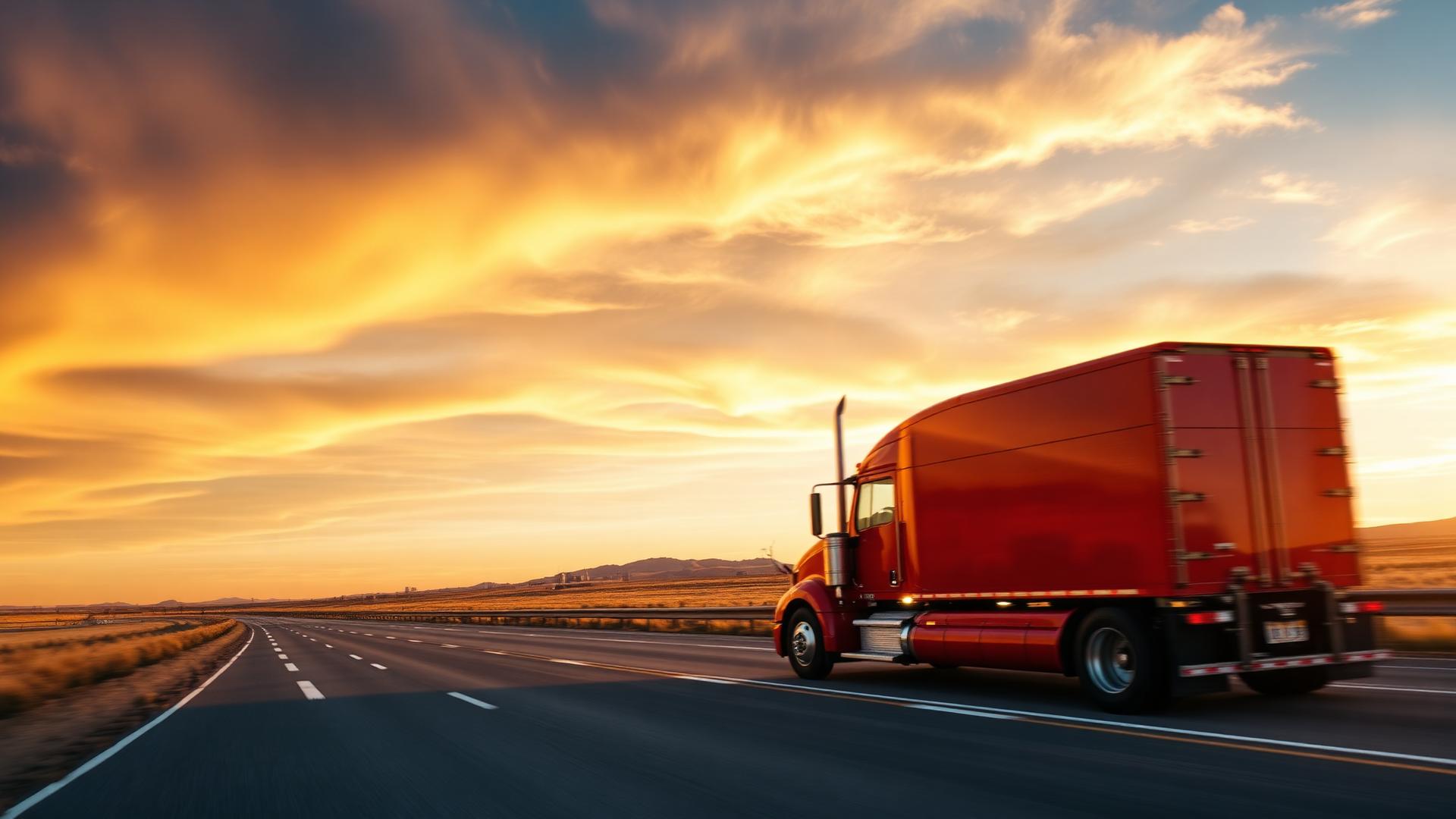 Semi-truck on highway at sunset